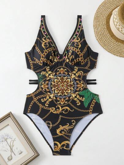 Swim Vcay بدلة سباحة للسيدات بحمالة وخط طباعة موضع شراء حقوق طبع ونشر، قطعة واحدة للشاطئ الصيفي