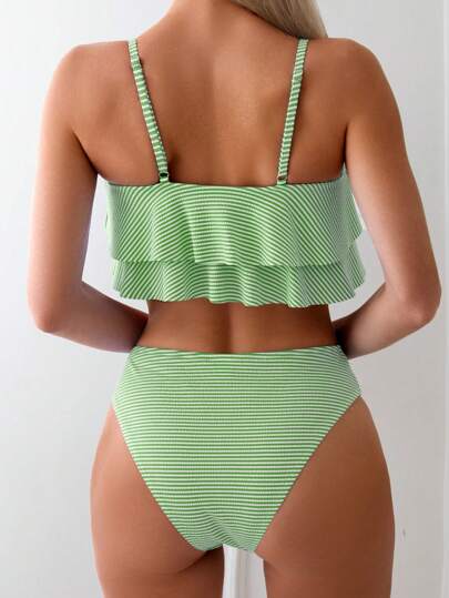 Swim بيكيني نسائي مزين بحواف دانتيل ومطبوع بخطوط