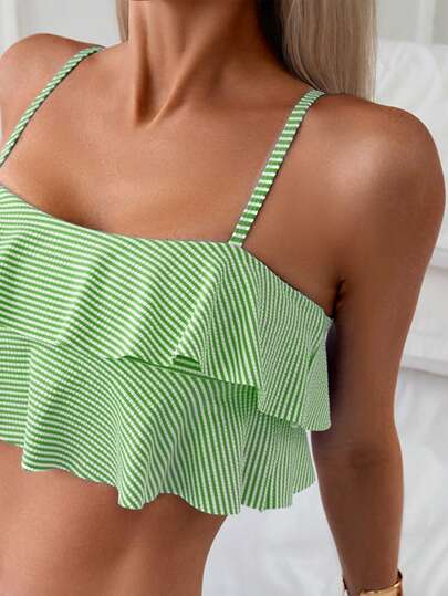 Swim بيكيني نسائي مزين بحواف دانتيل ومطبوع بخطوط