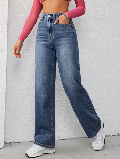 Jeanoix نسائي جينز عالي الخصر بتصميم بسيط واسع مستقيم الأرجل