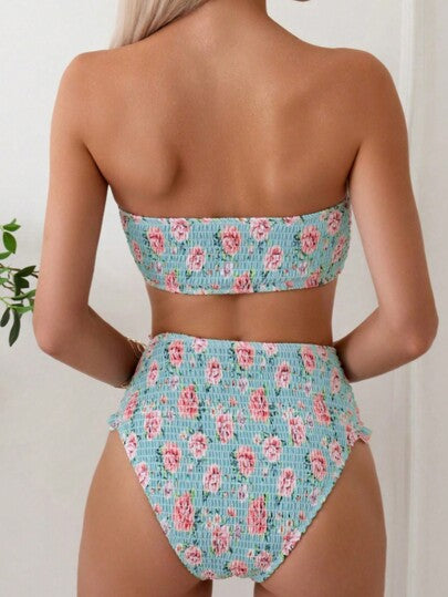 Swim Mod مجموعة بيكيني نسائية بحافة مزخرفة مقوّسة لفصل الصيف، مطبعة عشوائية بطبعات الزهور