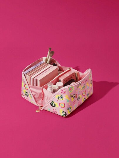 THE POWERPUFF GIRLS X SHEIN حقيبة تجميل قابلة للطي ذات سعة كبيرة بنمط أزهار الكرتون، فقاعات، زهور سدر بشكل قلوب، منظم متعدد الوظائف بأقسام متعددة، حقيبة أدوات تجميل للسفر، هدية