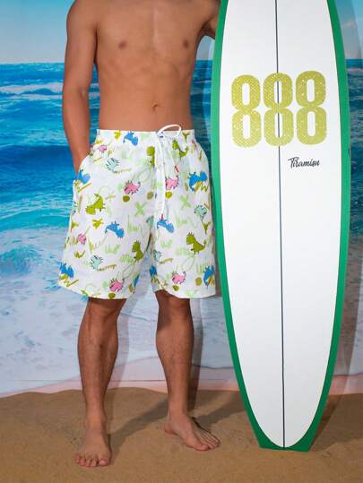 Surfspeed شورت شاطئ رجالي بخصر فضفاض ورسوم الديناصورات المطبوعة ورباط الخصر