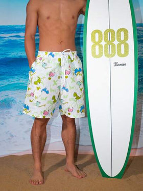 Surfspeed شورت شاطئ رجالي بخصر فضفاض ورسوم الديناصورات المطبوعة ورباط الخصر