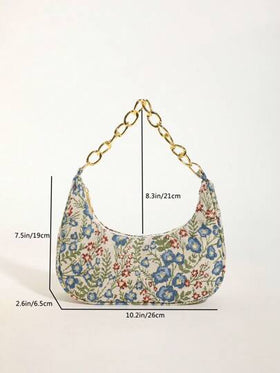 حقيبة يد معدنية بتصميم زهرة، حقيبة كتف قماشية قابلة للطباعة بتصميم زهرة، حقيبة قمر هلالي مواكبة للموضة للنساء