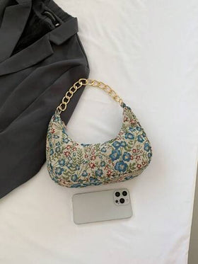 حقيبة يد معدنية بتصميم زهرة، حقيبة كتف قماشية قابلة للطباعة بتصميم زهرة، حقيبة قمر هلالي مواكبة للموضة للنساء