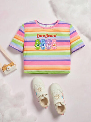 ملابس بناتي X Care Bears تيشيرت قصير الأكمام تصميم خماسي مطبوع الدب والحروف المتناقضة للبنات في المرحلة الانتقالية