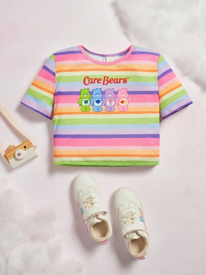 ملابس بناتي X Care Bears تيشيرت قصير الأكمام تصميم خماسي مطبوع الدب والحروف المتناقضة للبنات في المرحلة الانتقالية