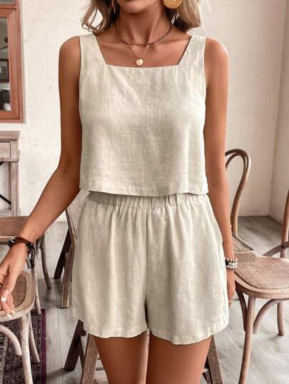 SHEIN Frenchy طقم أكمام وشورت فضفاض، مجموعة إجازة، ديكور جذاب سهل، قماش مخلوط الكتان قطعتين قصيرة، شورت كتان للنساء، ملابس كتان، شورت كاكي للنساء، ملابس حفلة شاي رسمية قصيرة