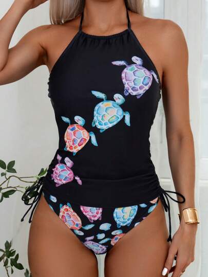 طقم تانكيني حريمي Swim Lushoire عباءة سباحة صيفية بطبعة سلحفاة كرتونية للسيدات مع ملابس علوية بأربطة جانبية وربطة عنق على شكل مثلث واسفل بيكيني.
