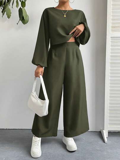 SHEIN Essnce بدلة كاجوال لامرأة مكونة من ملابس علوية أكمام طويلة ذات لون بسيط وبنطلون، طقم قطعتين