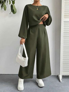 SHEIN Essnce بدلة كاجوال لامرأة مكونة من ملابس علوية أكمام طويلة ذات لون بسيط وبنطلون، طقم قطعتين