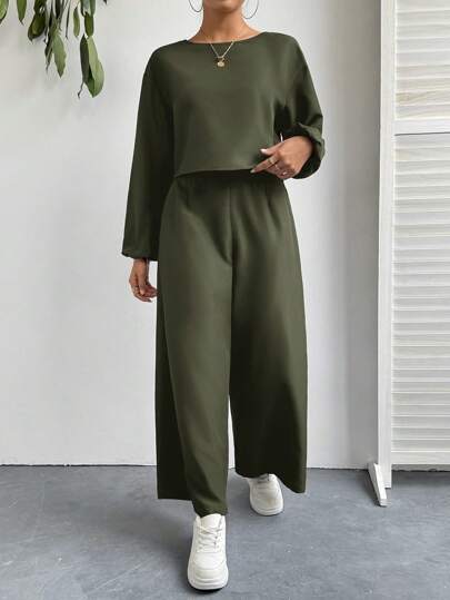 SHEIN Essnce بدلة كاجوال لامرأة مكونة من ملابس علوية أكمام طويلة ذات لون بسيط وبنطلون، طقم قطعتين
