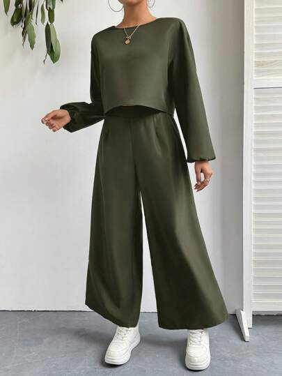 SHEIN Essnce بدلة كاجوال لامرأة مكونة من ملابس علوية أكمام طويلة ذات لون بسيط وبنطلون، طقم قطعتين
