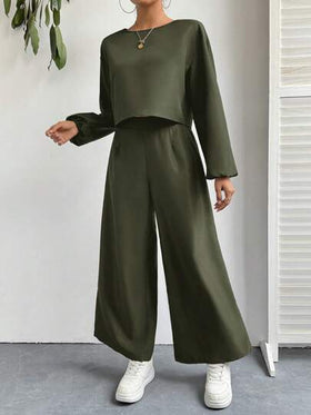 SHEIN Essnce بدلة كاجوال لامرأة مكونة من ملابس علوية أكمام طويلة ذات لون بسيط وبنطلون، طقم قطعتين