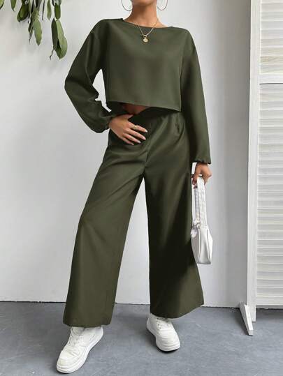 SHEIN Essnce بدلة كاجوال لامرأة مكونة من ملابس علوية أكمام طويلة ذات لون بسيط وبنطلون، طقم قطعتين
