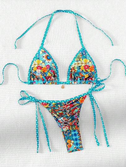 Swim مجموعة بيكيني مطبوعة عشوائية لعطلة الشاطئ الصيفية مكونة من جزء علوي وسفلي مفصول