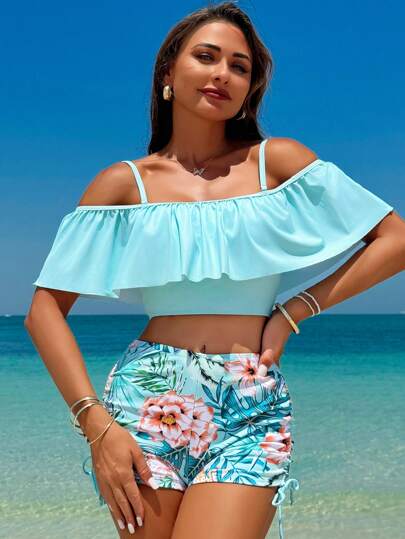 طقم تانكيني حريمي Swim Lushoire ملابس علوية نسائية مع تفصيل كتف عاري مزينة بحاشية متموجة وشورت سباحة بطبعات زهور، مناسبة لقضاء العطلات الصيفية على الشاطئ