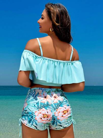 طقم تانكيني حريمي Swim Lushoire ملابس علوية نسائية مع تفصيل كتف عاري مزينة بحاشية متموجة وشورت سباحة بطبعات زهور، مناسبة لقضاء العطلات الصيفية على الشاطئ