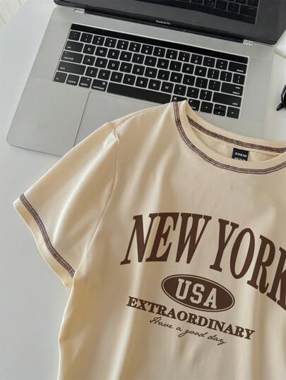 EZwear بلوزة نسائية صيفية قصيرة الأكمام، قوالب نيويورك المصغرة العفوية، رقبة دائرية، مطابقة حجم الجسم