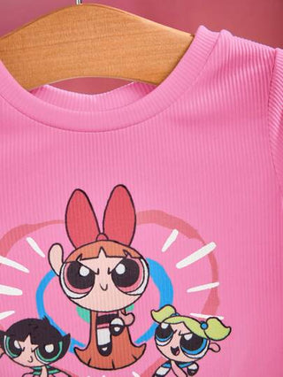 تيشيرتات بناتي THE POWERPUFF GIRLS X  ملابس علوية قصير للطفلة بينمايفين (Baby Girl) بطبعة كرتونية وحافة طماق تتضارب مع نسيج الضلع، مثالي للصيف