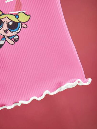 تيشيرتات بناتي THE POWERPUFF GIRLS X  ملابس علوية قصير للطفلة بينمايفين (Baby Girl) بطبعة كرتونية وحافة طماق تتضارب مع نسيج الضلع، مثالي للصيف