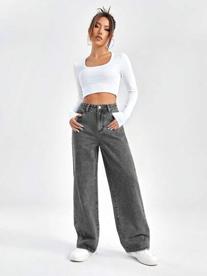 EZwear جينز نسائي بقصة واسعة وجيوب لارتداء يومي عارض