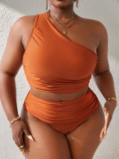 SHEIN Slayr CURVE مجموعة تانكيني واسعة الحجم للسيدات بلون صلب مع رش يمكن تجميعه على الكتف الواحد لإرتداء ملابس السباحة طوال فترة الإجازة