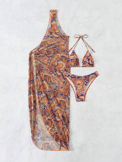 Swim Vcay مجموعة من 3 قطع تحتوي على طباعة Paisley، القمة هالتر بيكيني مع قاع البيكيني، وسترة تغطية بحافة غير متناظرة، مناسبة للصيف والشاطئ