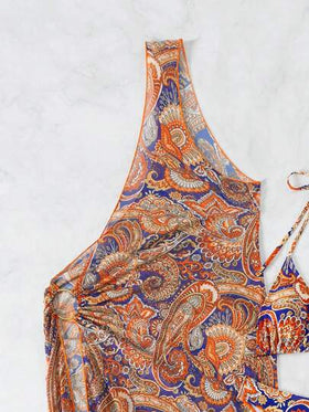Swim Vcay مجموعة من 3 قطع تحتوي على طباعة Paisley، القمة هالتر بيكيني مع قاع البيكيني، وسترة تغطية بحافة غير متناظرة، مناسبة للصيف والشاطئ