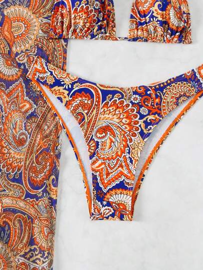 Swim Vcay مجموعة من 3 قطع تحتوي على طباعة Paisley، القمة هالتر بيكيني مع قاع البيكيني، وسترة تغطية بحافة غير متناظرة، مناسبة للصيف والشاطئ