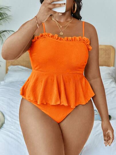 SHEIN Swim Curve مجموعة تانكيني بتصميم أنيق للنساء ذوات المقاسات الكبيرة لصيف عام ٢٠٢١ بلون سادة مزينة بطبقات من الانسيابية للأسفل لارتداء مريح للغاية في الشاطئ