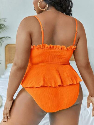 SHEIN Swim Curve مجموعة تانكيني بتصميم أنيق للنساء ذوات المقاسات الكبيرة لصيف عام ٢٠٢١ بلون سادة مزينة بطبقات من الانسيابية للأسفل لارتداء مريح للغاية في الشاطئ