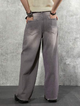 Manfinity Denimwave بنطلون جينز رجالي واسع الساق من طراز Y2K 90S باللون الرمادي الفاتح، مثالي للملابس الشارعية، مناسب للرجال المتطلعين للموضة الفريدة والمريحة، بتصميم طويل وغسيل حمضي، بنطلون جينز كارجو بلون بنفسجي سادة، مناسب للخروج والتجول في الشارع والع