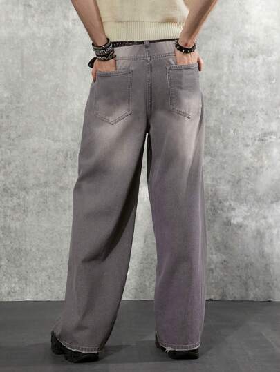 Manfinity Denimwave بنطلون جينز رجالي واسع الساق من طراز Y2K 90S باللون الرمادي الفاتح، مثالي للملابس الشارعية، مناسب للرجال المتطلعين للموضة الفريدة والمريحة، بتصميم طويل وغسيل حمضي، بنطلون جينز كارجو بلون بنفسجي سادة، مناسب للخروج والتجول في الشارع والع