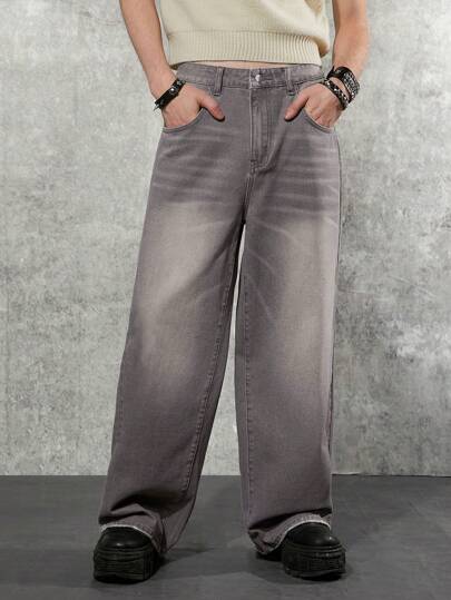 Manfinity Denimwave بنطلون جينز رجالي واسع الساق من طراز Y2K 90S باللون الرمادي الفاتح، مثالي للملابس الشارعية، مناسب للرجال المتطلعين للموضة الفريدة والمريحة، بتصميم طويل وغسيل حمضي، بنطلون جينز كارجو بلون بنفسجي سادة، مناسب للخروج والتجول في الشارع والع