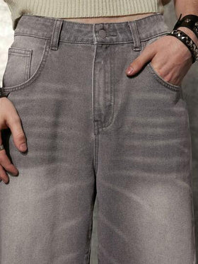 Manfinity Denimwave بنطلون جينز رجالي واسع الساق من طراز Y2K 90S باللون الرمادي الفاتح، مثالي للملابس الشارعية، مناسب للرجال المتطلعين للموضة الفريدة والمريحة، بتصميم طويل وغسيل حمضي، بنطلون جينز كارجو بلون بنفسجي سادة، مناسب للخروج والتجول في الشارع والع