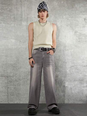 Manfinity Denimwave بنطلون جينز رجالي واسع الساق من طراز Y2K 90S باللون الرمادي الفاتح، مثالي للملابس الشارعية، مناسب للرجال المتطلعين للموضة الفريدة والمريحة، بتصميم طويل وغسيل حمضي، بنطلون جينز كارجو بلون بنفسجي سادة، مناسب للخروج والتجول في الشارع والع
