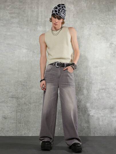 Manfinity Denimwave بنطلون جينز رجالي واسع الساق من طراز Y2K 90S باللون الرمادي الفاتح، مثالي للملابس الشارعية، مناسب للرجال المتطلعين للموضة الفريدة والمريحة، بتصميم طويل وغسيل حمضي، بنطلون جينز كارجو بلون بنفسجي سادة، مناسب للخروج والتجول في الشارع والع