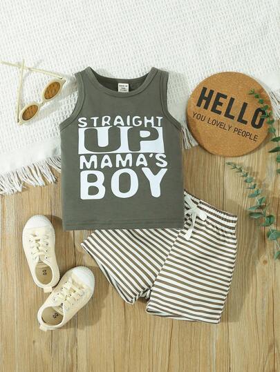 SHEIN Vintaside Kids طقم بيبي  شارعي مكتوب عليه حروف مطبوعة بجانب ملابس علوية بلا أكمام وسروال مخطط ، ربيع/صيف