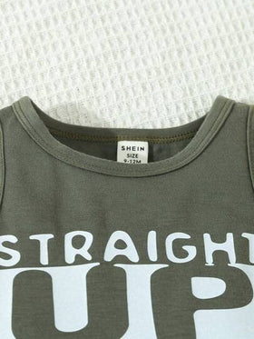 SHEIN Vintaside Kids طقم بيبي  شارعي مكتوب عليه حروف مطبوعة بجانب ملابس علوية بلا أكمام وسروال مخطط ، ربيع/صيف