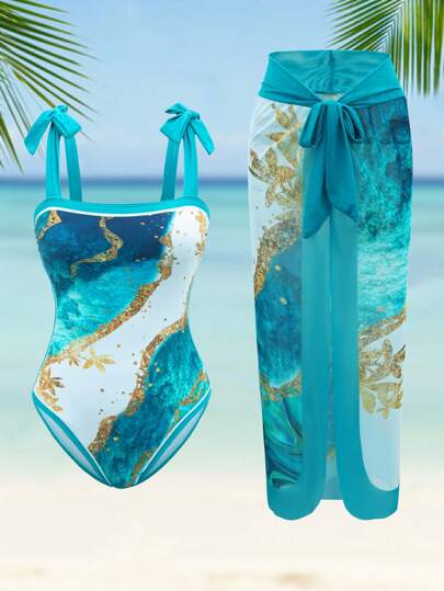 Swim Oasis السباحة  مقاس كبير للصيف في الشاطئ والعطلات بطبعات رخامية  مع ظهر واسع و قطعتي الغطاء