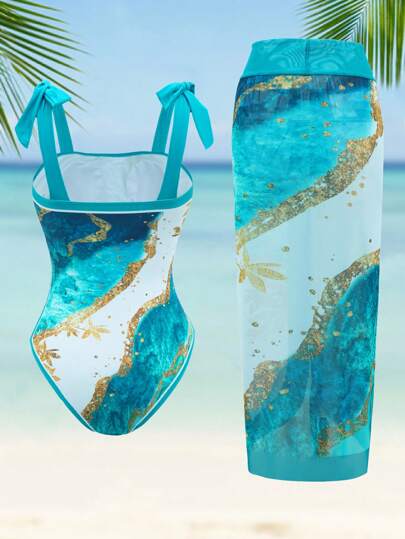 Swim Oasis السباحة  مقاس كبير للصيف في الشاطئ والعطلات بطبعات رخامية  مع ظهر واسع و قطعتي الغطاء