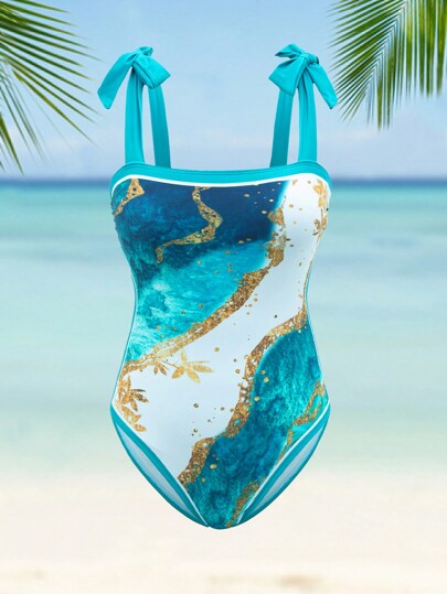 Swim Oasis السباحة  مقاس كبير للصيف في الشاطئ والعطلات بطبعات رخامية  مع ظهر واسع و قطعتي الغطاء