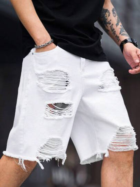 Manfinity Roughcore شورتات جينز قطع مزق رجالية كاجوال صيفية بلون أحادي