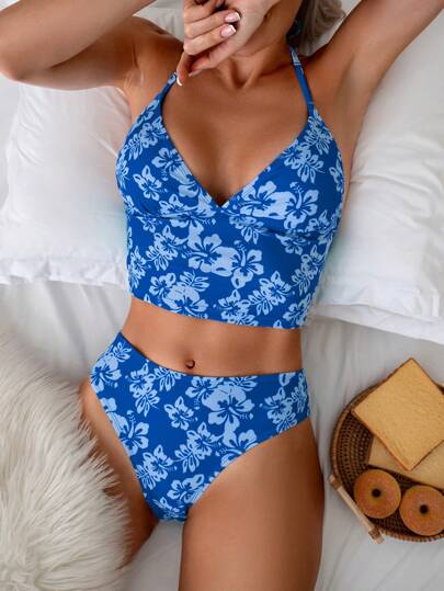 طقم تانكيني حريمي Swim Mod مجموعة تانكيني الصيفية سيداتية بطبعات زهور عشوائية وربطة عنق من الحبل للعودة للعطلة على الشاطئ