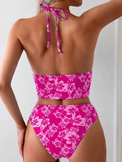 طقم تانكيني حريمي Swim Mod التانكيني النسائي العشوائي مع طباعة زهور الصيف للشاطئ والعطلات، بحمالات رقبة مربوطة وظهر مكشوف وشورت سباحة
