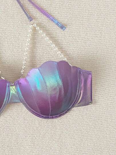 طقم تانكيني حريمي Swim ملابس علوية بيكيني الرباط زينت بلآلئ ليزر رائعة لإجازة صيفية على الشاطئ أو حمام السباحة