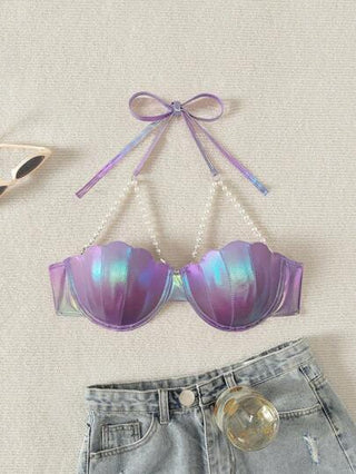طقم تانكيني حريمي Swim ملابس علوية بيكيني الرباط زينت بلآلئ ليزر رائعة لإجازة صيفية على الشاطئ أو حمام السباحة