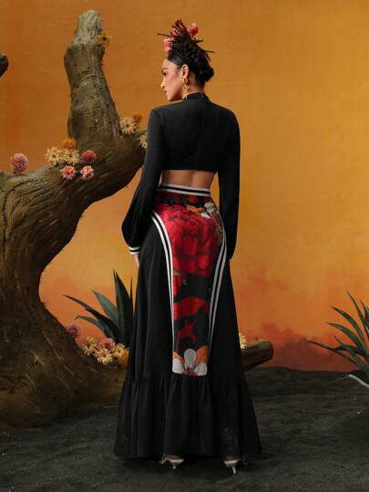 Frida Kahlo X  X Designer ISELACOS فستان بخط A ذو رقبة تقليب مطبوع بطبعات زهور مع حزام خصر كاشف وحاشية منسدلة، من تصميم مبتكر لمناسبات المهرجانات